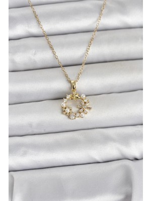Genel Tedarik 316L Çelik Zincir Gold Renk Incili Çiçek Model Kadın Koyle