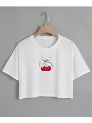 Nigrum Pardus Nıgrum Pardus Özel Seri Rıbboned Cherry Baskılı %100 Pamuk Kız Çocuk Crop T-Shirt