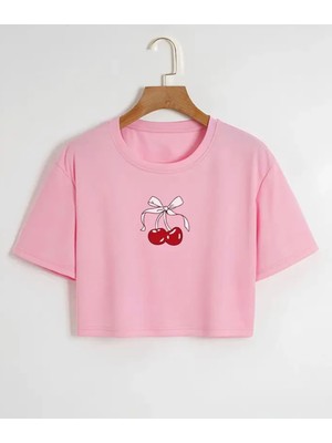 Nigrum Pardus Nıgrum Pardus Özel Seri Rıbboned Cherry Baskılı %100 Pamuk Kız Çocuk Crop T-Shirt