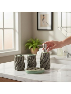 Ohbe Express 4 Parça Banyo Seti, Seramik, Yeşil, Sıvı Sabunluk Diş Fırçalık Katı Sabunluk