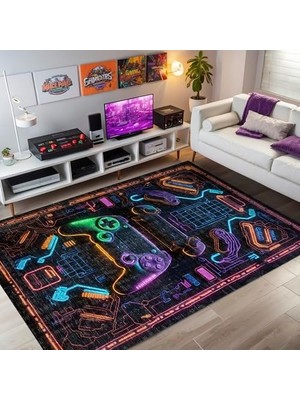 Ohbe Express Dizayn Lonca Gamer Halısı Şönil Pamuk Tabanlı Kaymaz Yıkanabilir Gaming Oyuncu Odası Halısı 140X200