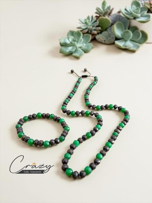 Crazy Takı Tasarım 8 mm Yeşil Ceyt & Obsidyen Doğaltaş 70-80 cm Uzun Erkek Kolyesi (Bileklik Hediyeli)