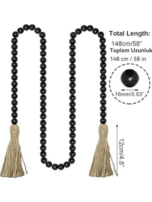 Ohbe Express x Spring Çiftlik Tarzı Boncuklar Ahşap Boncuklu Püsküllü Garland, Rustik Ülke Dekoru, Dua Boncukları, Duvar Dekorasyonu, 148 Cm, Siyah