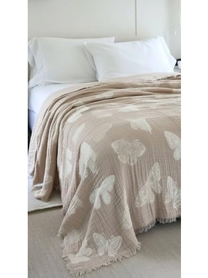 Ohbe Express Kelebek Desen 4 Katlı Müslin Pike Yatak Örtüsü Battal Boy 240X260 cm Bej
