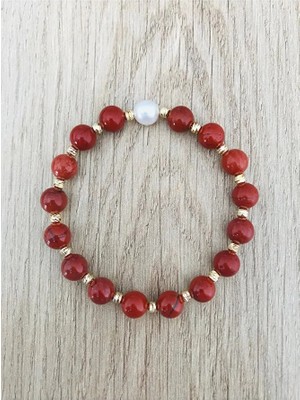 Mk Tasarım Gerçek Inci Red Jasper Taşı Bileklik MK.7000.812- Rahatlık-Dinginlik-Enerji- Stres Bilekliği