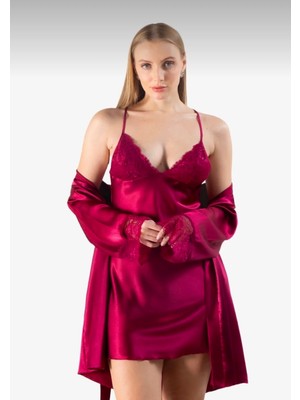 Lunoche Nightwear Saten Kadın Dantel Sırt Detaylı Saten Çeyizlik Ikili Gecelik Sabahlık Takımı