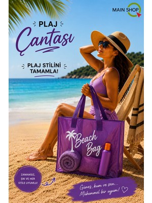 MAİN SHOP Mor Şeffaf Beach Bag Kadın Plaj Çantası Büyük Hacimli M-PLJ01