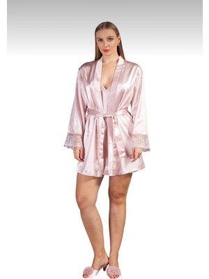 Lunoche Nightwear Saten Kadın Dantel Sırt Detaylı Saten Çeyizlik Ikili Gecelik Sabahlık Takımı