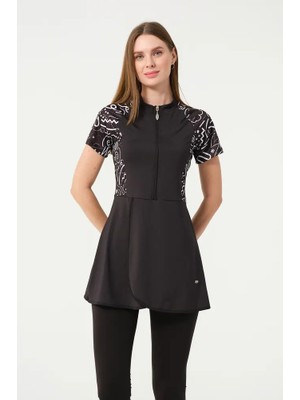 İKSUN Kadın Kısa Kollu Yarı Kapalı Tesettür Mayo Taytlı Boneli Takım Short Arm Swimsuit