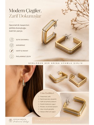 Kase Jewelry ,Altın renkli ve Gümüş Detaylı, Paslanmaz Çelik, Geometrik Küpe