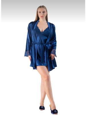 Lunoche Nightwear Saten Kadın Dantel Sırt Detaylı Saten Çeyizlik Ikili Gecelik Sabahlık Takımı