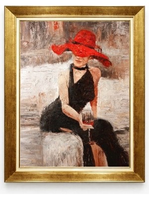 Tablore Gold Çerçeveli Kırmızı Şapkalı Kadın Yağlı Boya Efektli Kanvas Duvar Tablosu Modern Sanat