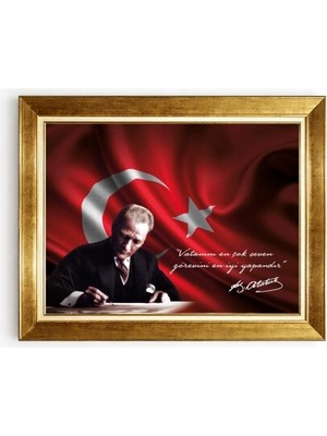 Tablore Türk Bayraklı Atatürk Vatanını En Çok Seven Sözlü Çerçeveli Ofis ve Ev Tablosu
