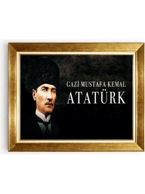 Tablore Mustafa Kemal Atatürk Temalı Gold Çerçeveli Tablo - Gazi Mustafa Kemal Atatürk Yazılı Portre