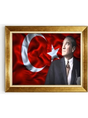 Tablore Mustafa Kemal Atatürk ve Türk Bayrağı Temalı Altın Varak Çerçeveli Tablo Lüks Ofis Duvar Dekorasyonu