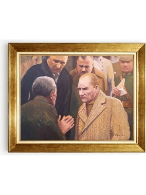 Tablore Altın Çerçeveli Atatürk ve Köylü Yağlıboya Görünümlü Kanvas Tablo - Nostaljik Atatürk Portresi