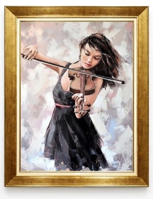 Tablore Gold Çerçeveli Keman Çalan Kadın Yağlıboya Görünümlü Tablo - Modern Müzik ve Sanat Duvar Dekorasyonu