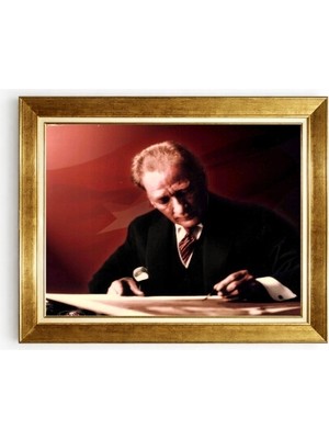 Tablore Gold Çerçeveli Atatürk Duvar Tablosu Türk Bayrağı Temalı