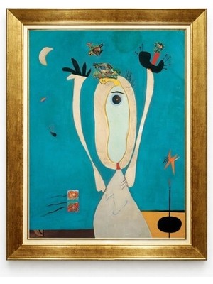 Tablore Altın Çerçeveli Soyut Sürrealist Figürlü Joan Miro Tarzı Modern Duvar Tablosu