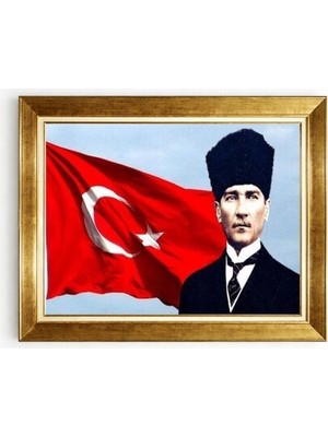 Tablore Türk Bayraklı Kalpaklı Atatürk Gold Çerçeveli Tablo - Atatürk ve Şanlı Türk Bayrağı Tablosu