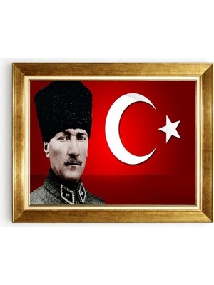 Tablore Askeri Üniformalı Atatürk ve Ay Yıldız Gold Çerçeveli Tablo - Kırmızı Zemin Türk Bayraklı Atatürk