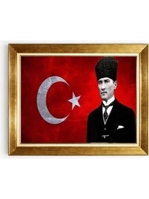 Tablore Kalpaklı Atatürk Portresi Çerçeveli Tablo Eskitme Türk Bayrağı Temalı Duvar Dekoru