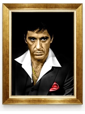 Tablore Scarface Tony Montana Esintili Al Pacino Tasarım Lüks Gold Çerçeveli Kanvas Tablo