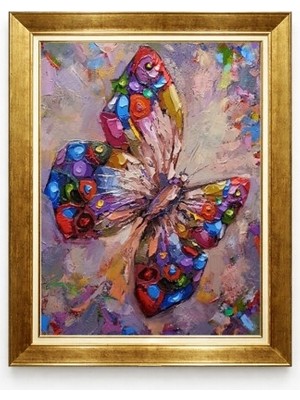 Tablore Soyut Yağlı Boya Dokulu Renkli Kelebek Modern Lüks Gold Çerçeveli Kanvas Tablo