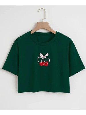 Nigrum Pardus Nıgrum Pardus Özel Seri Rıbboned Cherry Baskılı %100 Pamuk Kız Çocuk Crop T-Shirt