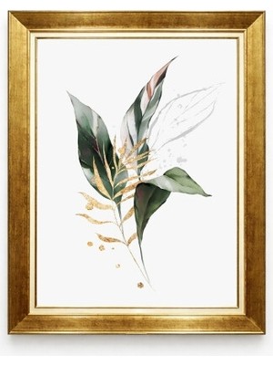 Tablore Gold Çerçeveli Botanik Yeşil Altın Yaprak Tablo Modern Tropikal Salon Duvar Resmi