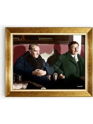 Tablore Atatürk ve Salih Bozok Locada Renklendirilmiş Fotoğraf Altın Çerçeveli Tablo - Tarihi Nostaljik Atatürk Tablosu