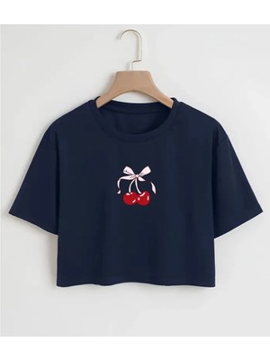 Nigrum Pardus Nıgrum Pardus Özel Seri Rıbboned Cherry Baskılı %100 Pamuk Kız Çocuk Crop T-Shirt