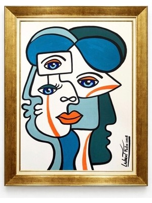 Tablore Gold Çerçeveli Soyut Kübizm Yüz Tablosu Modern Sanat Geometrik Duvar Dekoru