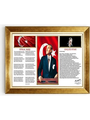 Tablore Mustafa Kemal Atatürk Istiklal Marşı ve Gençliğe Hitabe Altın Çerçeveli Tablo