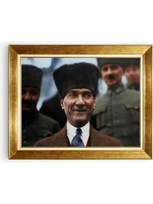 Tablore Altın Çerçeveli Kalpaklı Atatürk Tablosu - Renklendirilmiş Nostaljik Atatürk Duvar Dekoru
