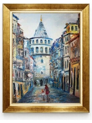 Tablore Gold Çerçeveli Istanbul Galata Kulesi Yağlı Boya Dokulu Dekoratif Kanvas Duvar Tablosu
