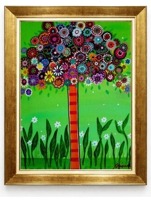Tablore Altın Çerçeveli Renkli Çiçek Ağacı Tablosu - Pop Art Tarzı Neşeli Bahçe Temalı Çocuk ve Yaşam Odası Duvar Dekoru