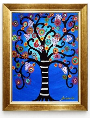 Tablore Mavi Hayat Ağacı Çerçeveli Tablo Klimt Tarzı Renkli Çiçekli Spiral Ağaç Duvar Tablosu