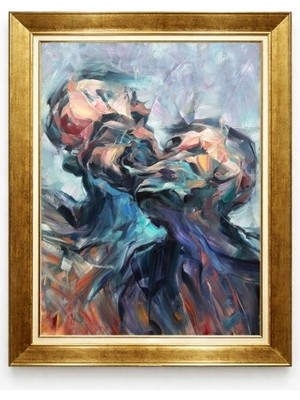 Tablore Altın Çerçeveli Soyut Öpüşen Çift Aşk Temalı Modern Yağlı Boya Dokulu Tablo - Yatak Odası Salon Duvar Dekorasyonu