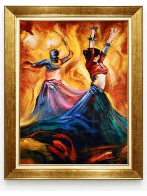 Tablore Altın Çerçeveli Dans Eden Kadınlar Yağlı Boya Efektli Tablo - Modern Sanat Duvar Dekoru