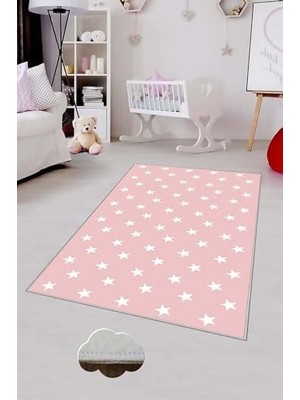 Ohbe Express Pelangi Pembe Yıldızlı Çocuk Odası Yıkanabilir Kaymaz Taban Leke Tutmazbebek ve Çocuk Odası Halısı, Pembe-Beyaz 60 x 200