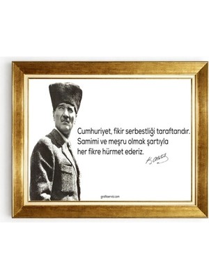 Tablore Atatürk Cumhuriyet ve Fikir Serbestliği Sözü Altın Çerçeveli Tablo - Imzalı Ikonik Atatürk Sözleri Ofis Duvar Dekorasyonu