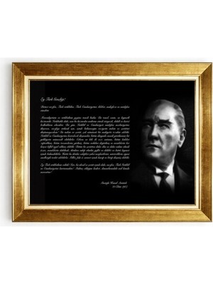 Tablore Atatürk ve Gençliğe Hitabe Siyah Zemin Duvar Tablosu Gold Çerçeveli Büyük Boy