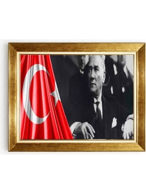 Tablore Atatürk Portresi ve Türk Bayraklı Altın Varak Çerçeveli Salon Ofis Duvar Tablosu