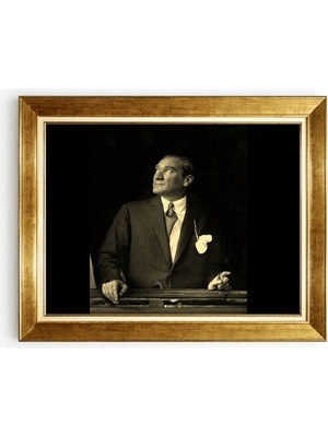 Tablore Mustafa Kemal Atatürk Siyah Beyaz Portre Tablo Altın Çerçeveli Ofis Lider Tablosu