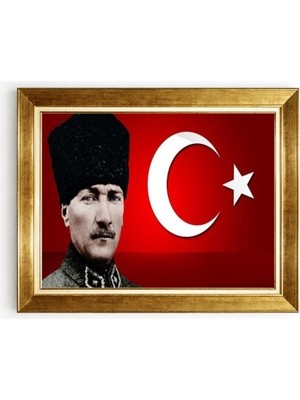 Tablore Gazi Mustafa Kemal Atatürk Portresi ve Ay Yıldız Türk Bayraklı Altın Çerçeveli Tablo - Kurumsal Makam Odası Tablosu
