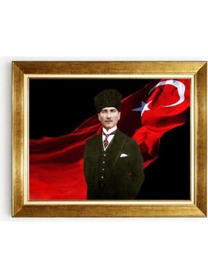 Tablore Atatürk Tablosu Kalpaklı ve Türk Bayraklı Altın Varak Çerçeveli Tablo