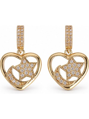 Serelya Pirinç Gold Renk Zirkon Taşlı Kalp Model Ay Yıldız Işleme Kadın Küpe