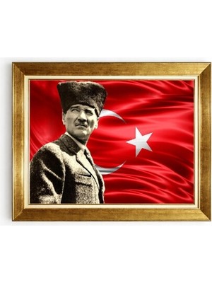 Tablore Atatürk ve Dalgalanan Türk Bayrağı Temalı Altın Çerçeveli Tablo - Kalpaklı Atatürk Portresi Ofis Ev Dekorasyonu