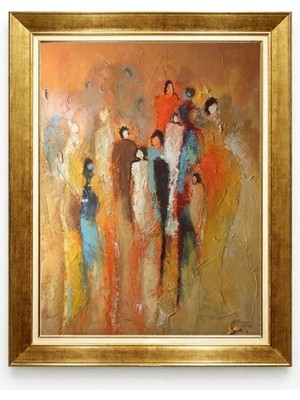 Tablore Soyut Insan Figürleri Yağlı Boya Görünümlü Modern Altın Çerçeveli Kanvas Tablo
